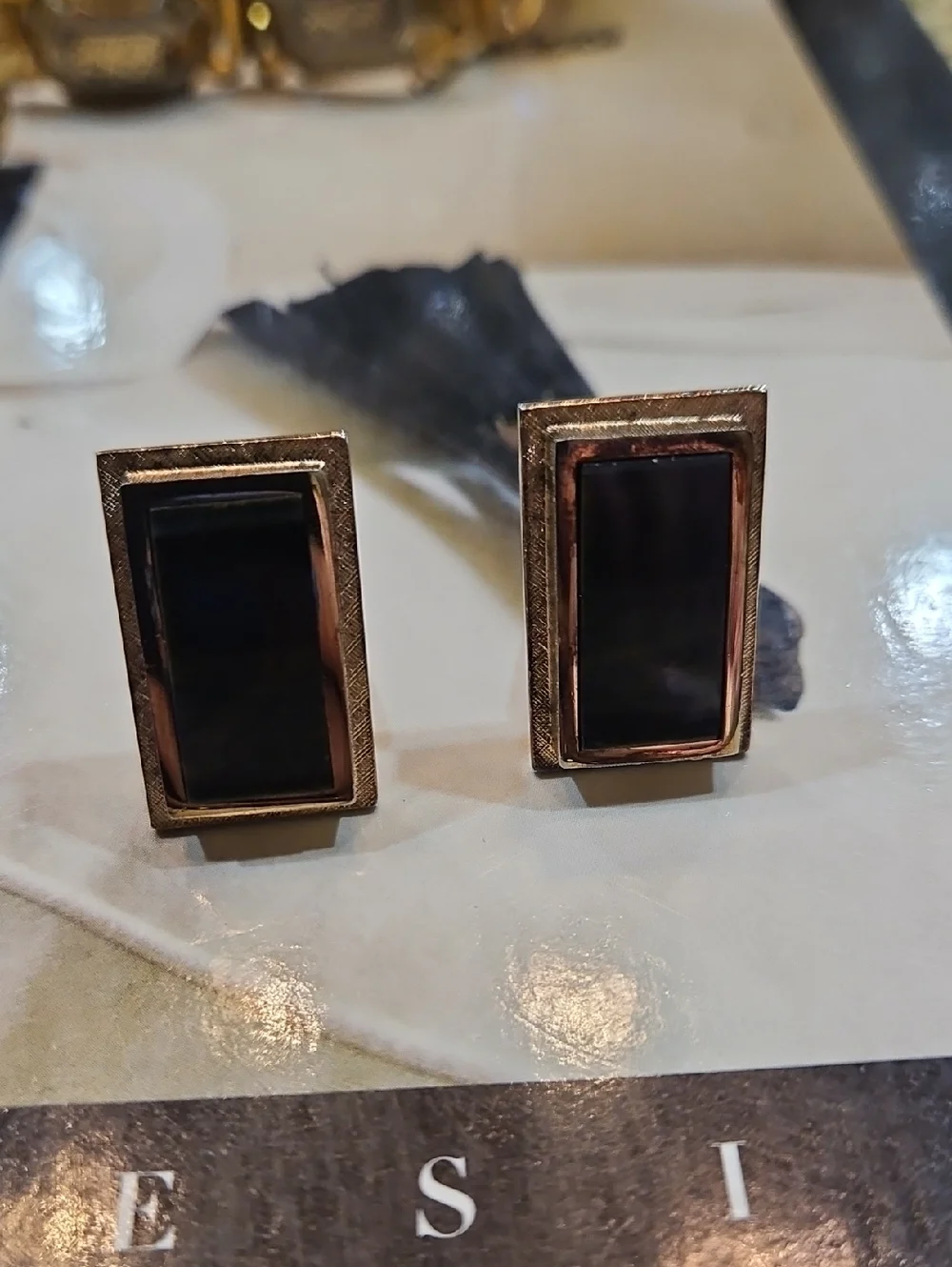 STERLING T2‎ Gold Tone Black Onyx Gray Mens Cufflinks